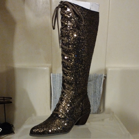 Joyfolie Bryce Boots In Bronze Sequin Lace-Up Knee-High - Sz9 - Picture 13 of 17